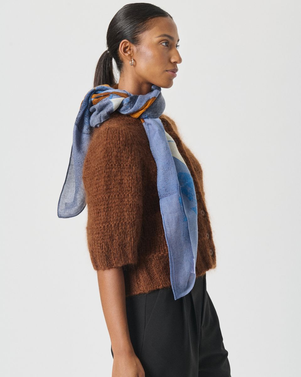 Part Two Felisia Scarf Blue/Cognac Leaf Print 